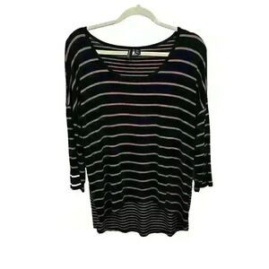 Cynthia Rowley Womens LG Tunic Rayon Top Black Tan Striped 3/4 Sleeve Hi Low Hem
